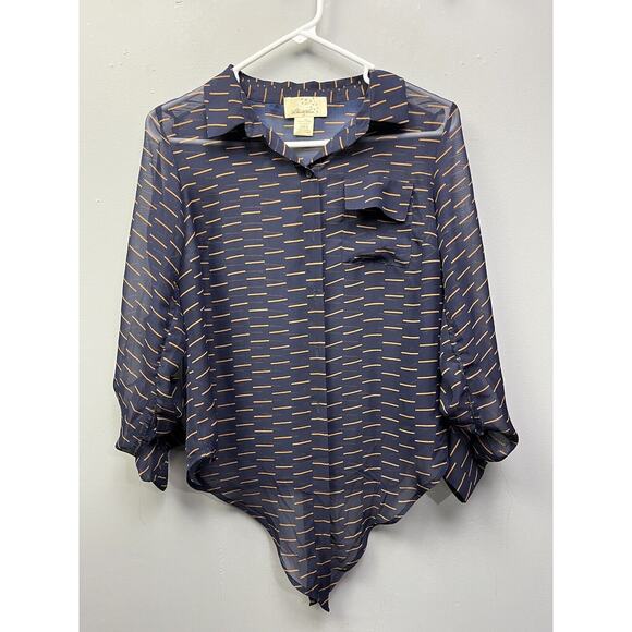 Liberty Love Blouse Top Button front Blue Tan Semi Sheer Long Sleeves Womens M - Picture 1 of 6